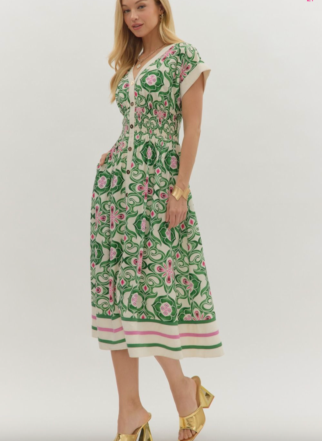 1766 V-Neck Print Midi Dress
