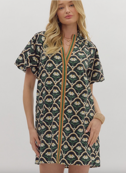 1677 V-Neck Bubble Sleeve Floral Print Dress