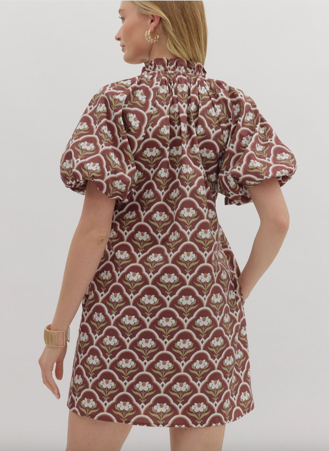 1677 V-Neck Bubble Sleeve Floral Print Dress