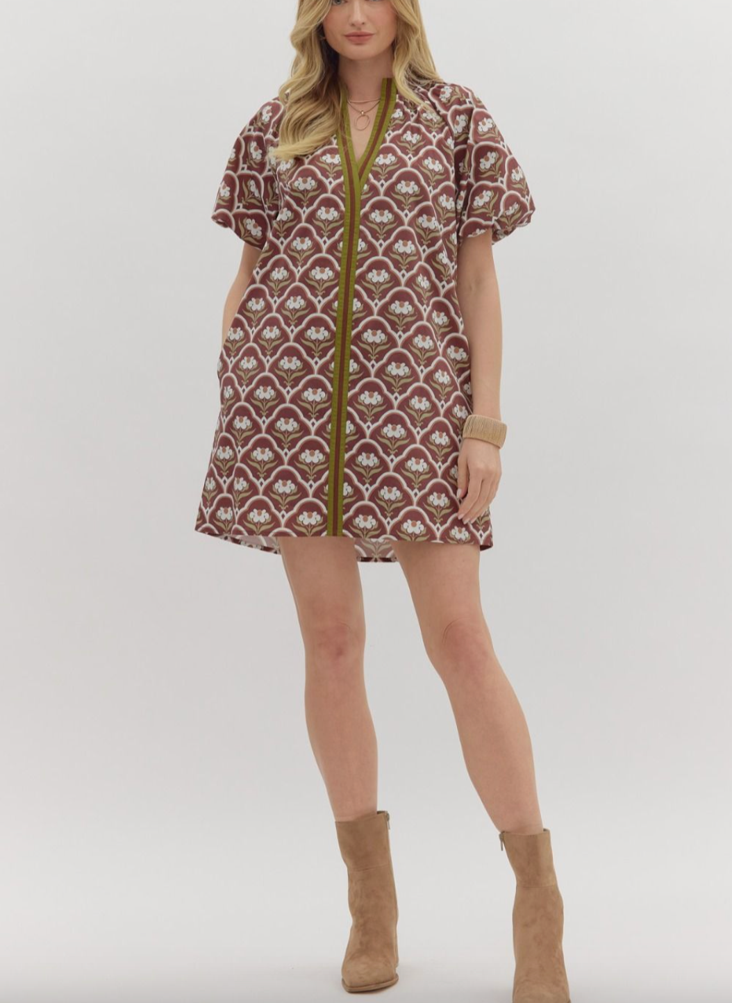 1677 V-Neck Bubble Sleeve Floral Print Dress