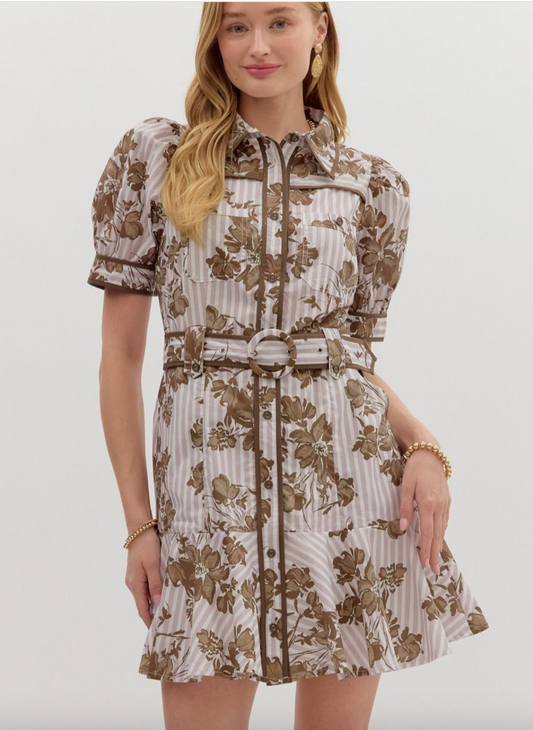 1685 Brown Floral Print Short Dress