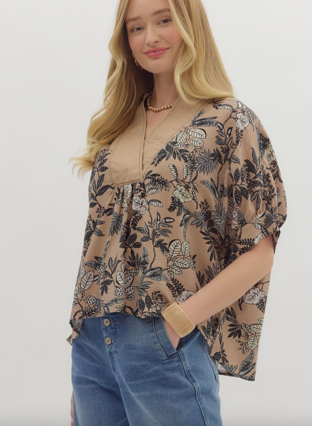 1700 V-Neck Floral Black & Taupe Top