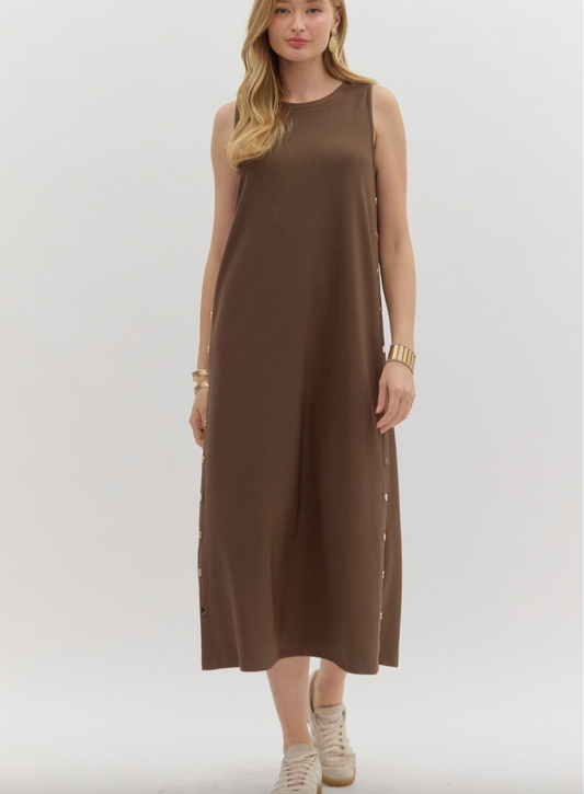 1681 Gold Side Buttoms Midi Dress