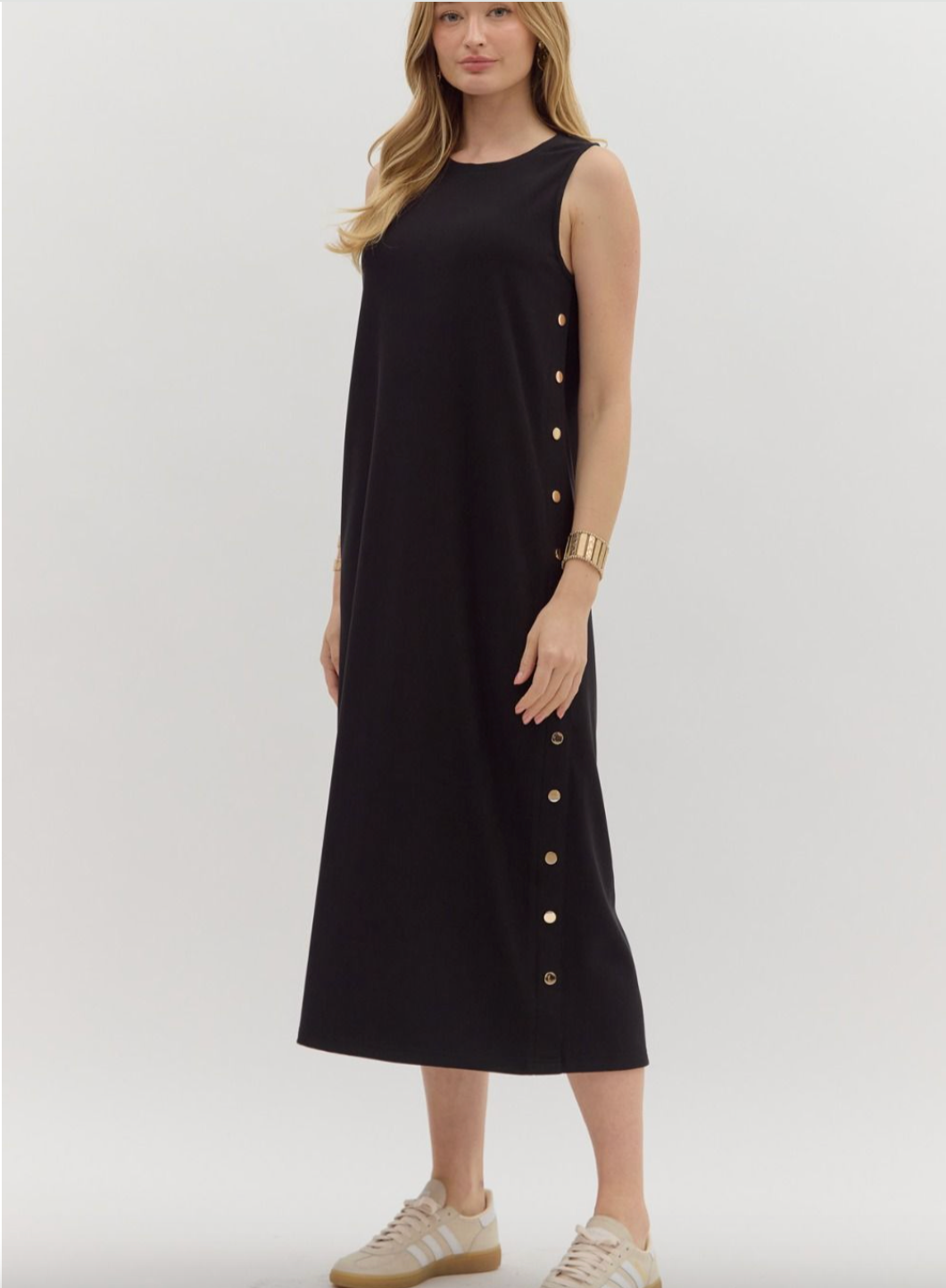 1681 Gold Side Buttoms Midi Dress