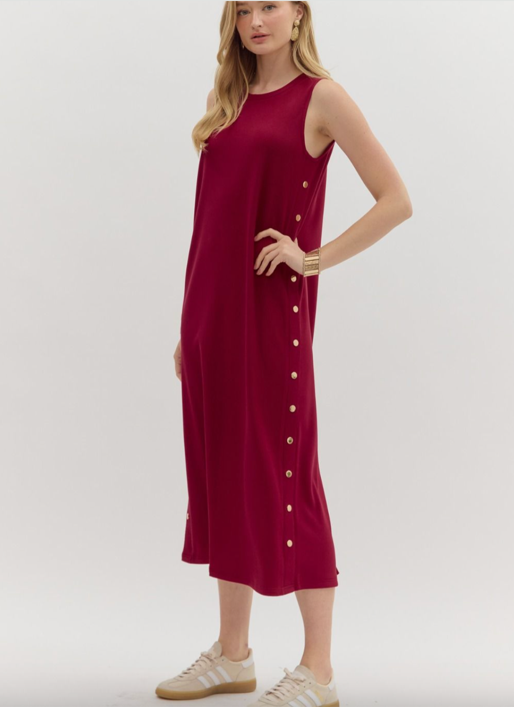1681 Gold Side Buttoms Midi Dress