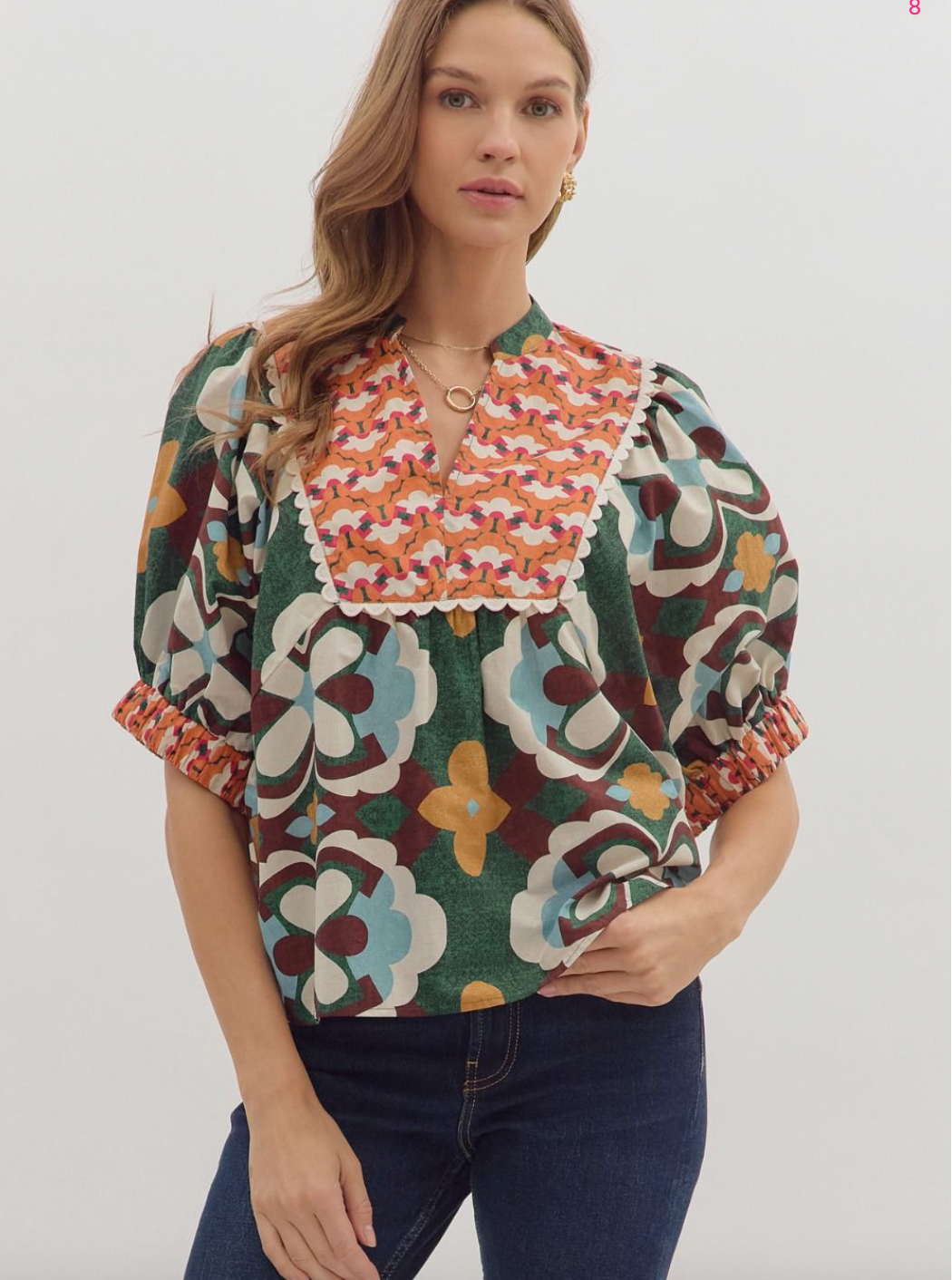 1837 Embroidered Yoke Puff Sleeve Print Shirt