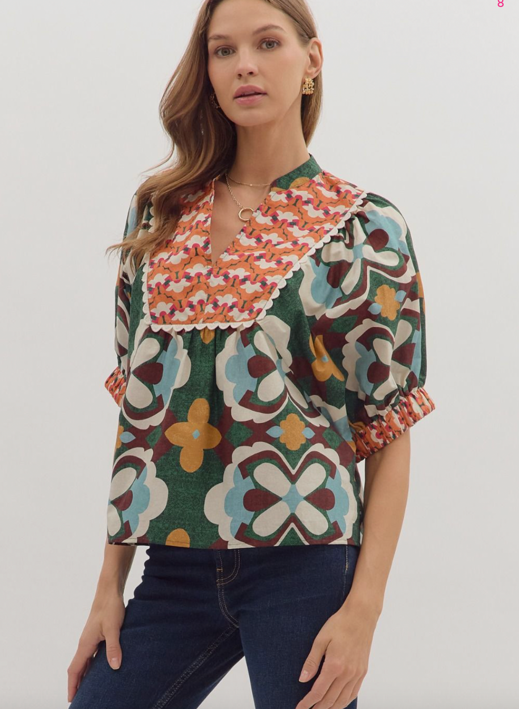 1837 Embroidered Yoke Puff Sleeve Print Shirt