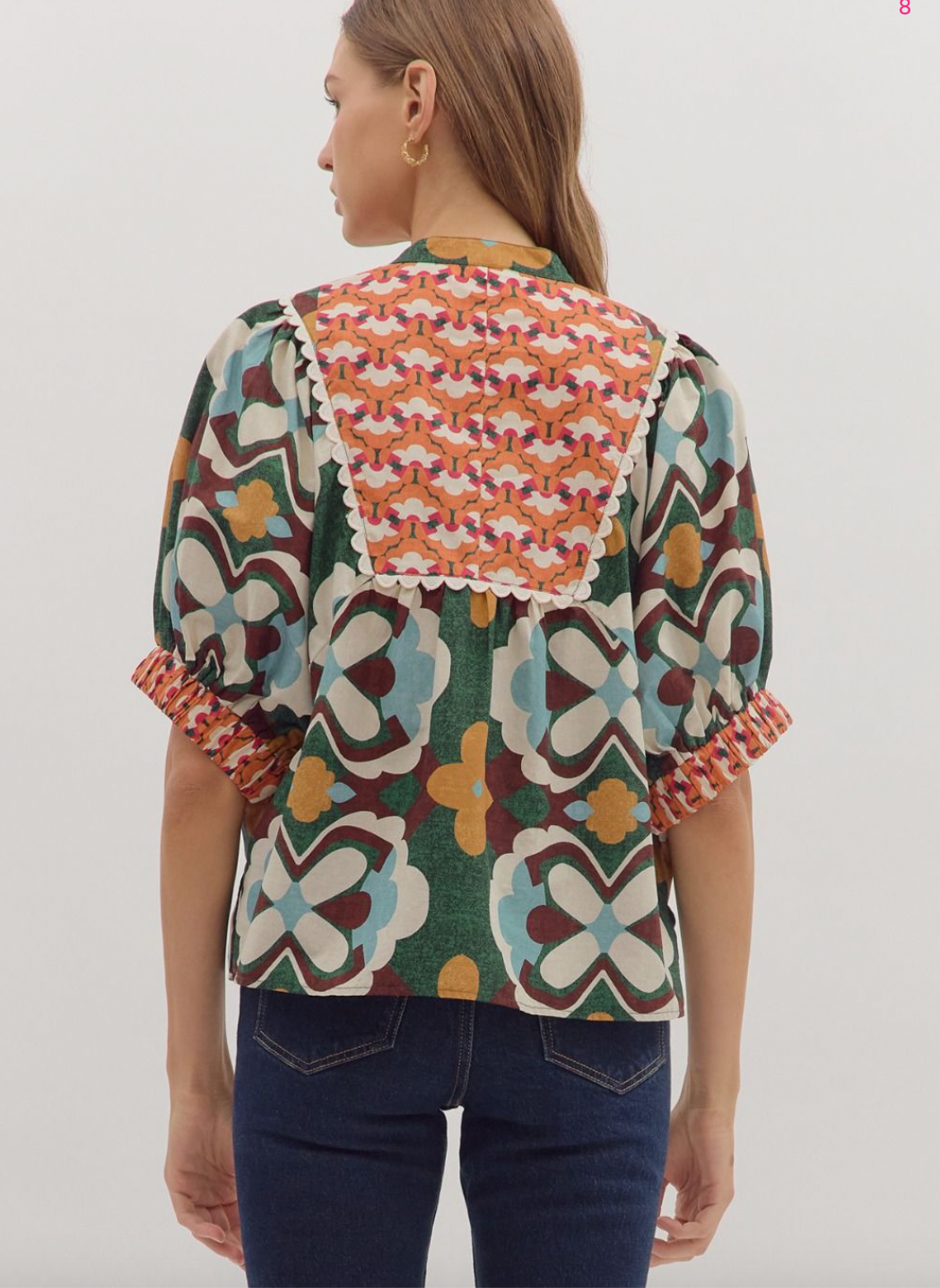 1837 Embroidered Yoke Puff Sleeve Print Shirt