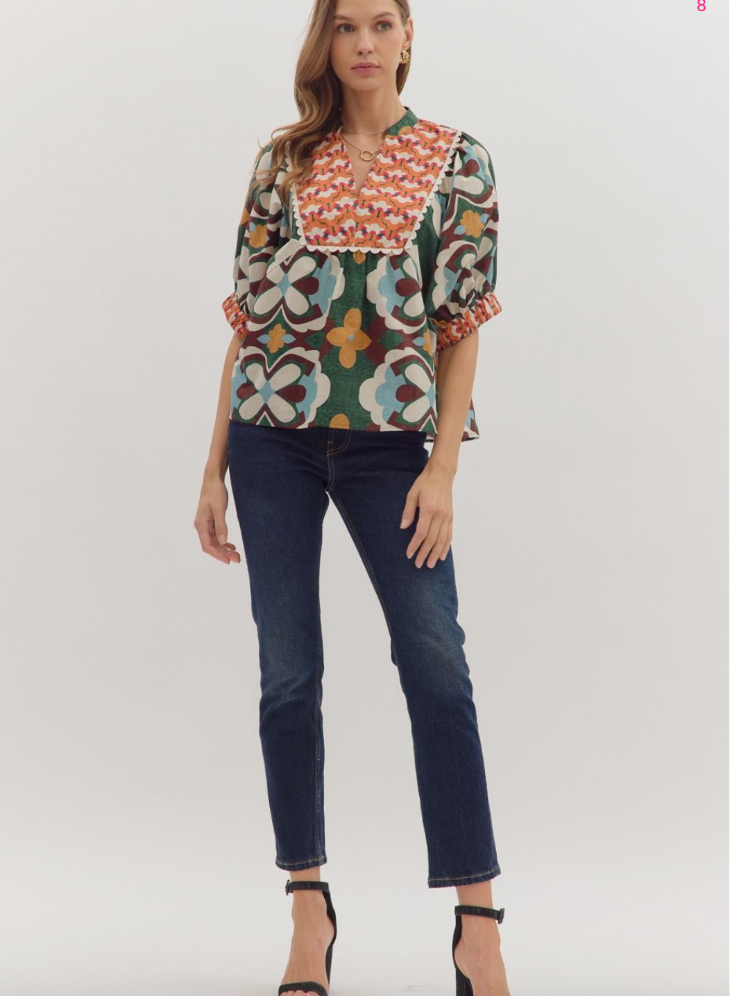 1837 Embroidered Yoke Puff Sleeve Print Shirt