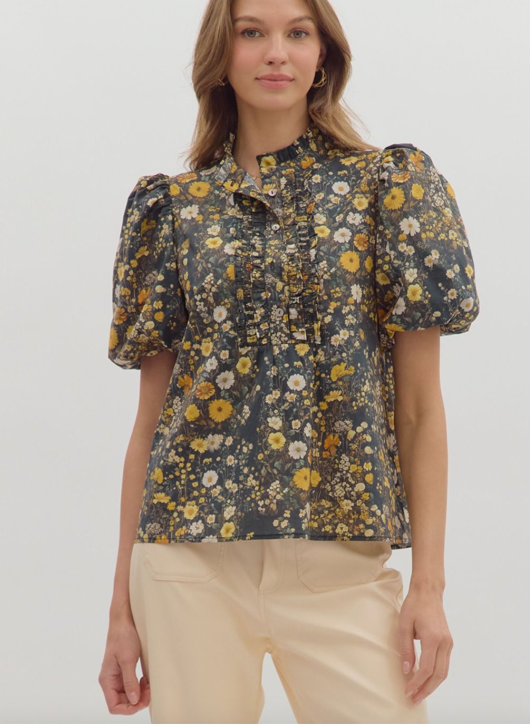 1832 Bubble Sleeve Mini Flowers Shirt