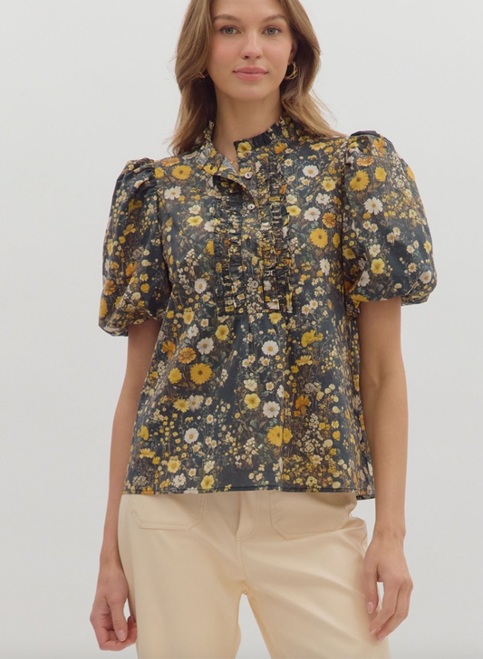 1832 Bubble Sleeve Mini Flowers Shirt