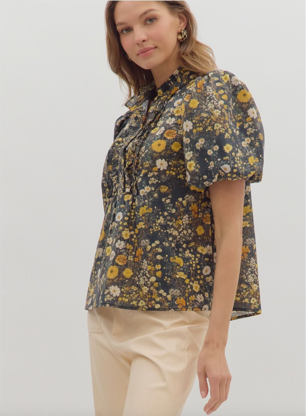 1832 Bubble Sleeve Mini Flowers Shirt