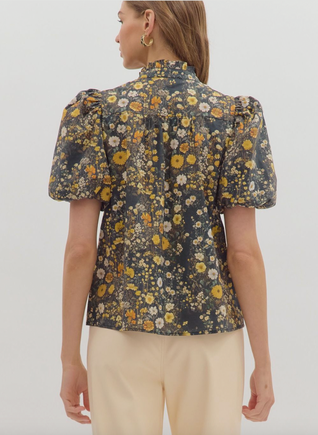 1832 Bubble Sleeve Mini Flowers Shirt