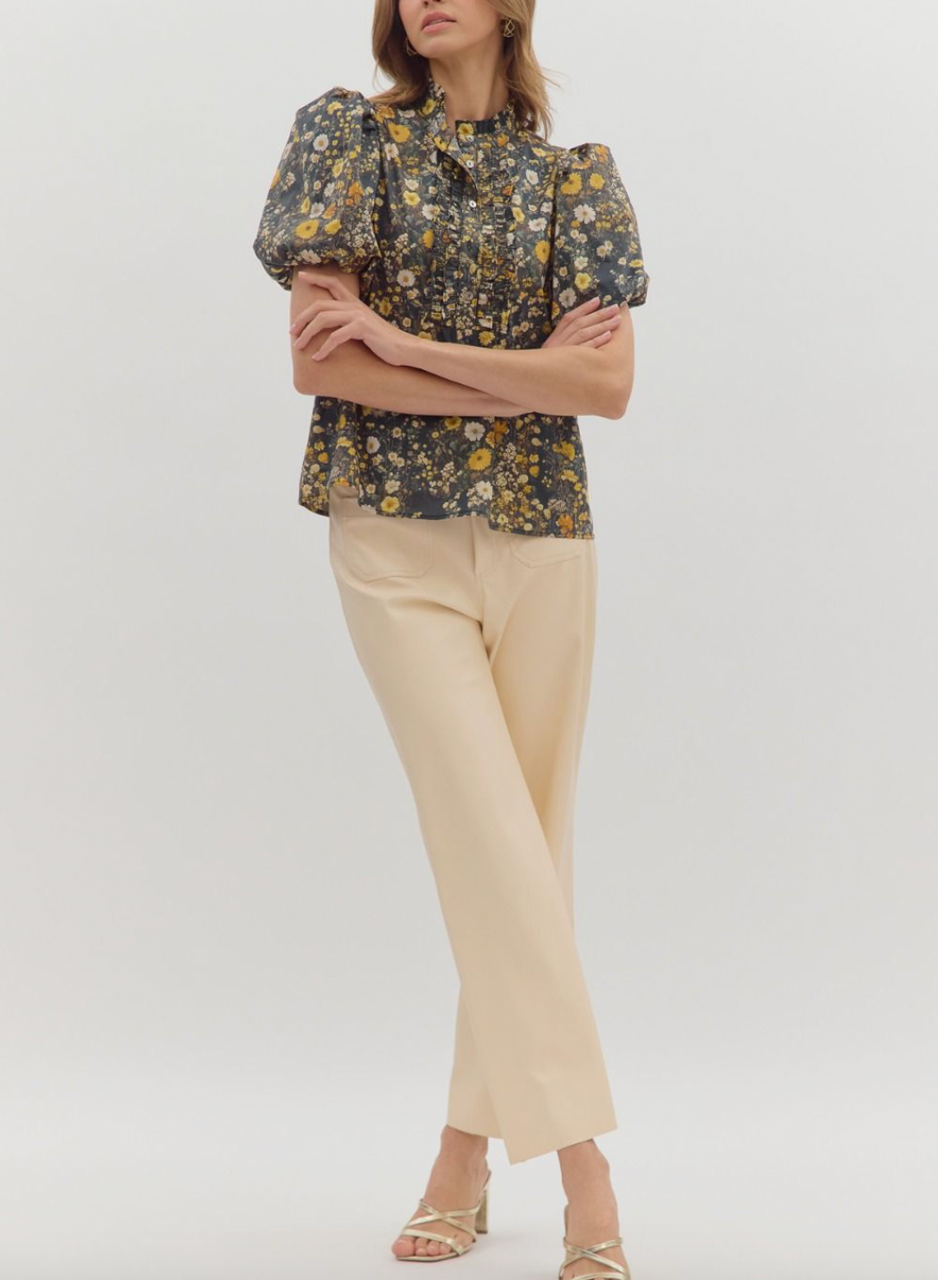 1832 Bubble Sleeve Mini Flowers Shirt