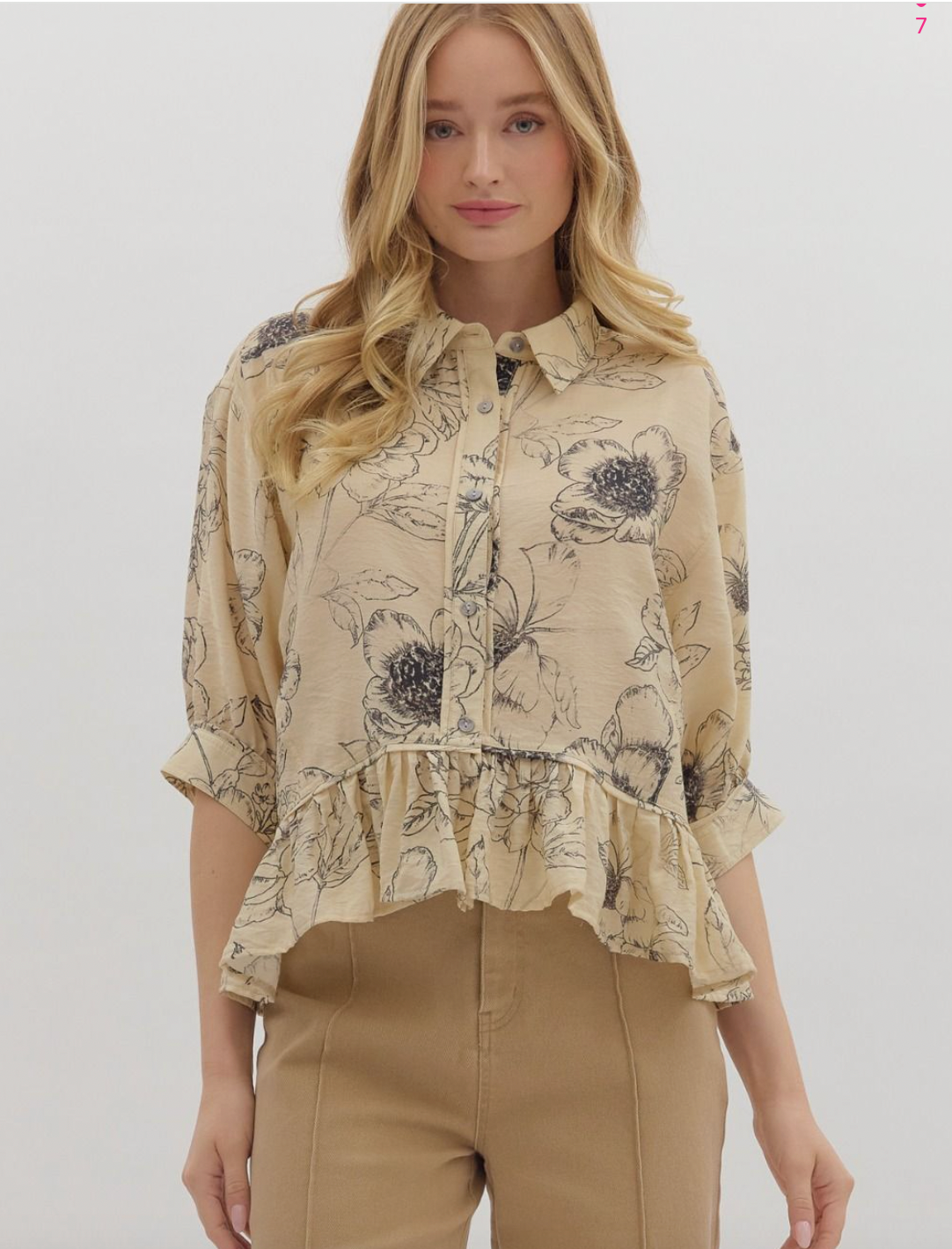 1836 Ivory Print Midi Sleeve Shirt