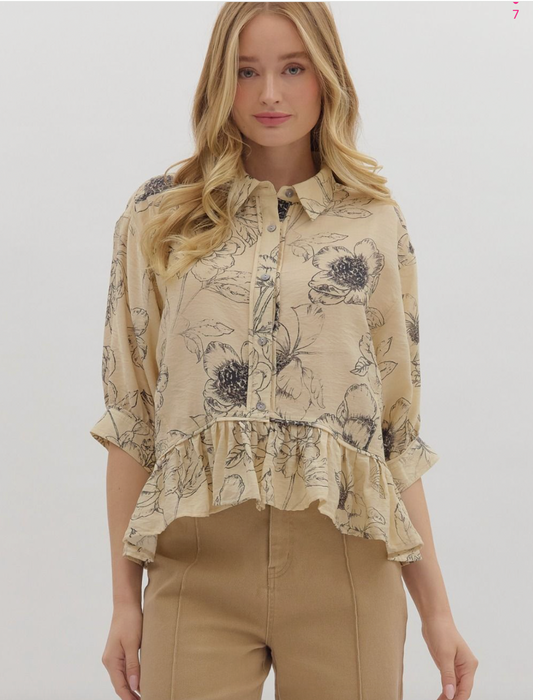 1836 Ivory Print Midi Sleeve Shirt