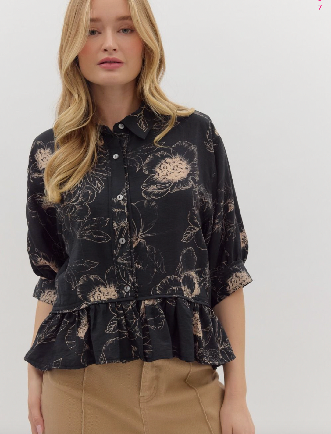 1835 Black Print Midi Sleeve Shirt