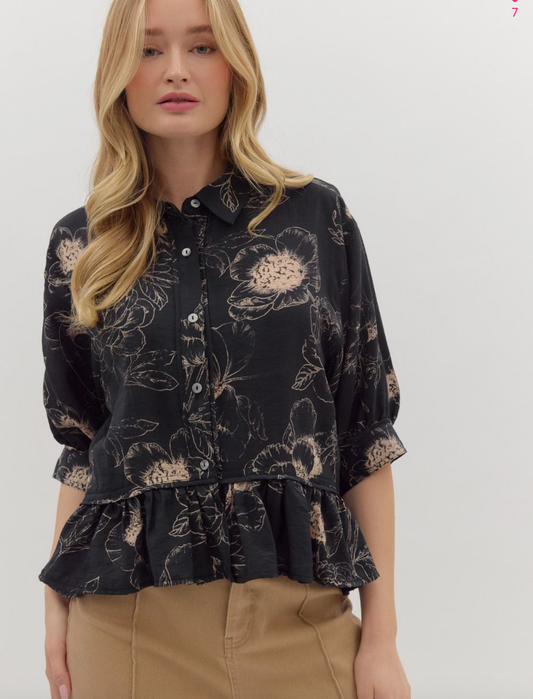 1835 Black Print Midi Sleeve Shirt