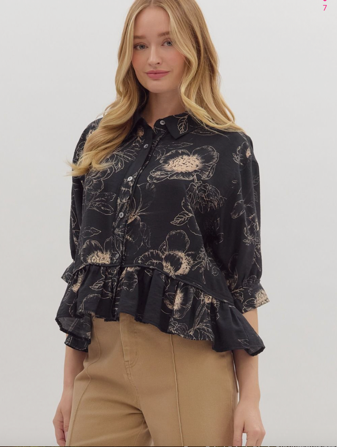 1835 Black Print Midi Sleeve Shirt