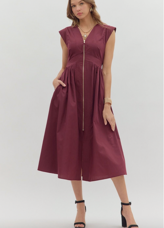 1829 Wine Zipper Midi Dress