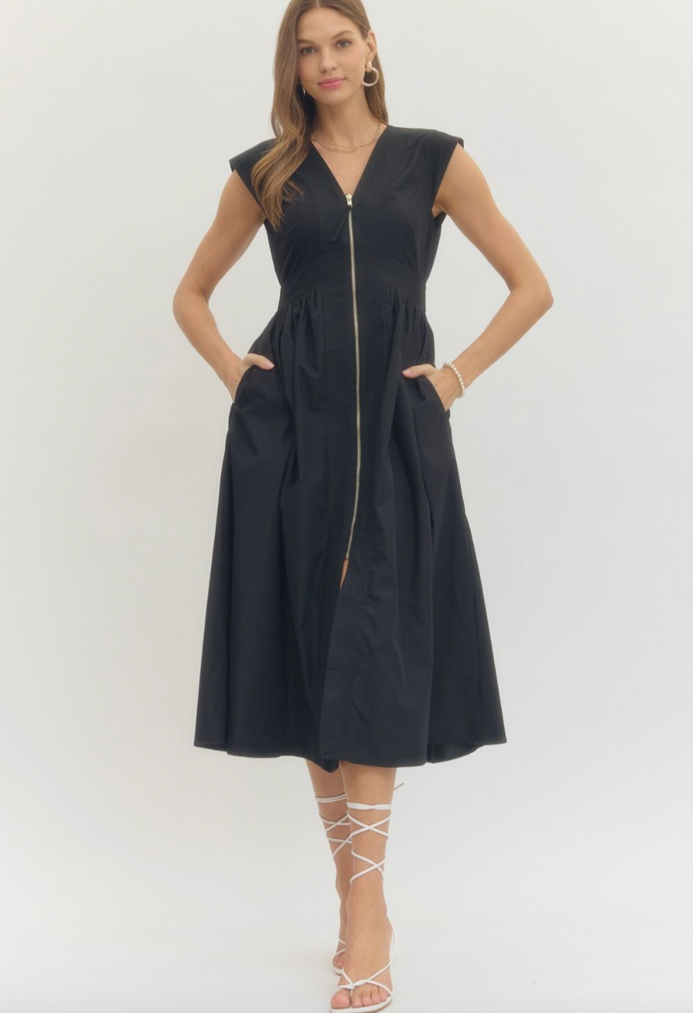2031 Zipper V-Neck Midi Dress