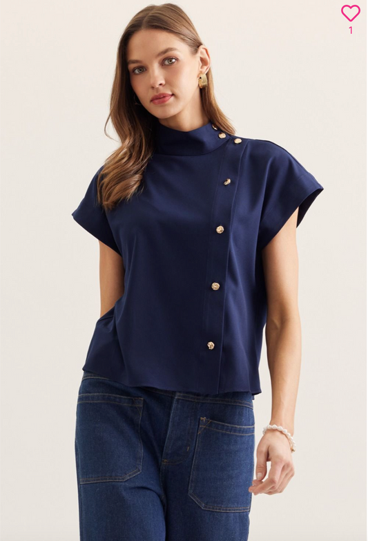 2342 Mock Neck Gold Buttons Tops