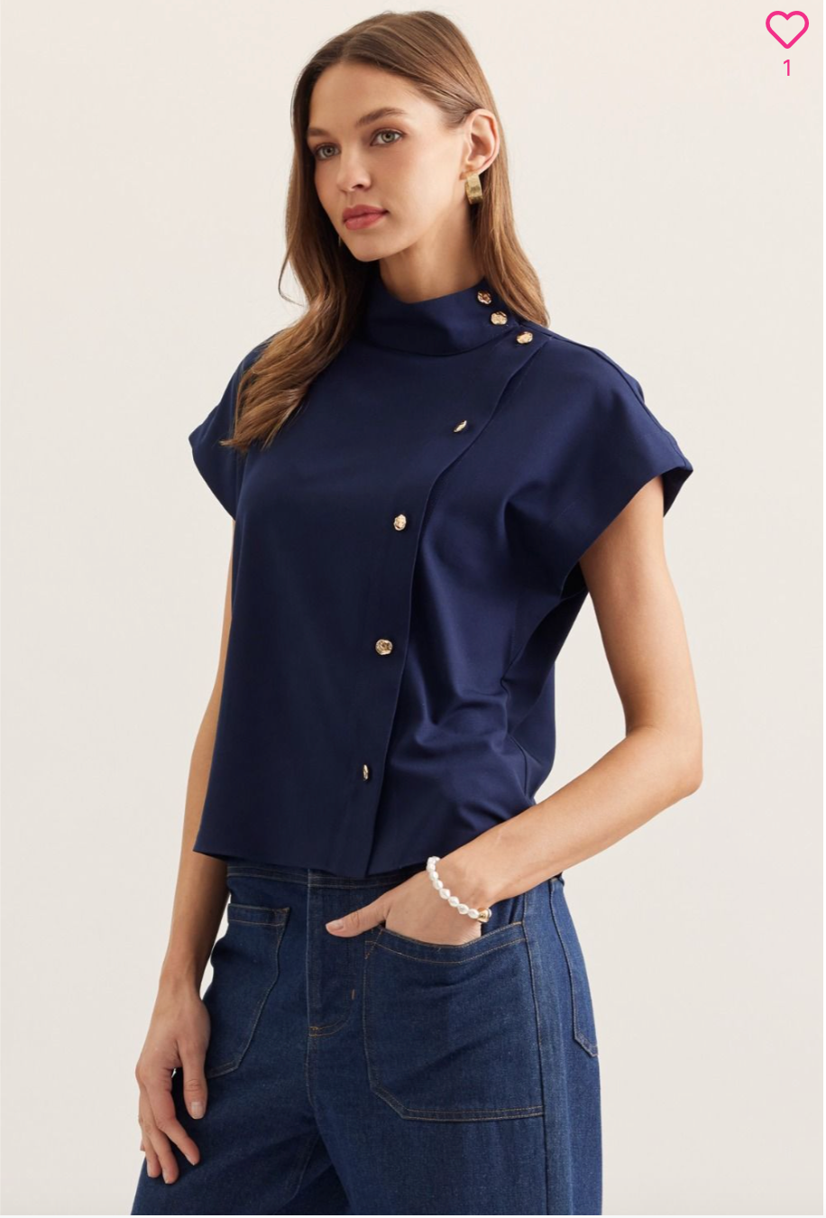 2342 Mock Neck Gold Buttons Tops