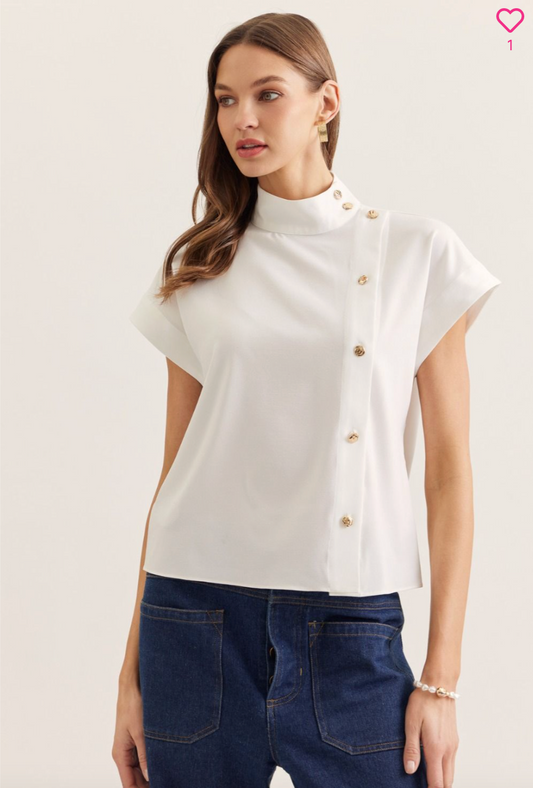 2342 Mock Neck Gold Buttons Tops