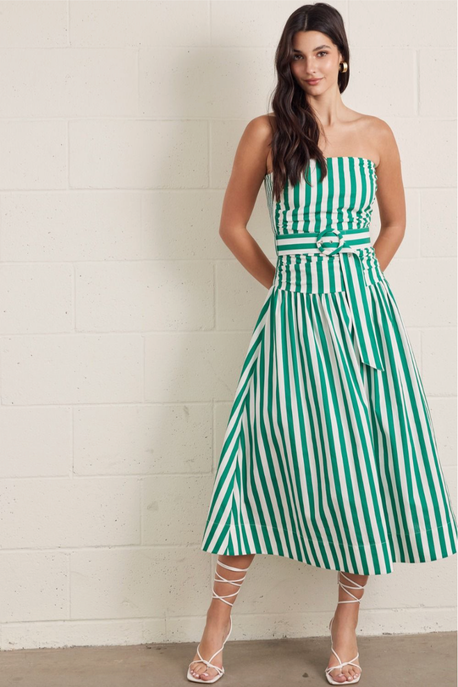 2452 Green Striped Strapless Midi Dress
