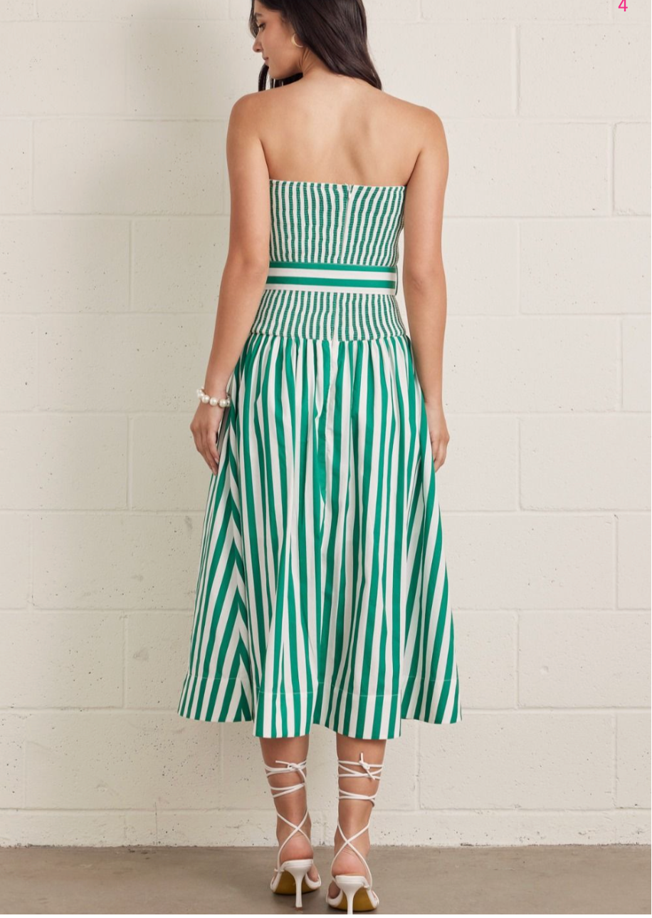 2452 Green Striped Strapless Midi Dress