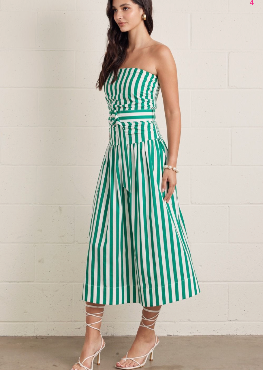 2452 Green Striped Strapless Midi Dress