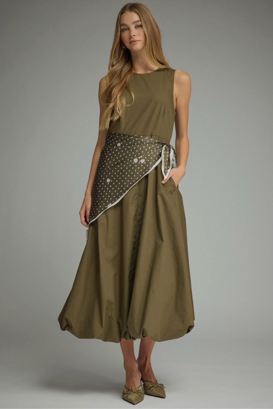 2634 Bubble Skirt Midi Dress With Scarf