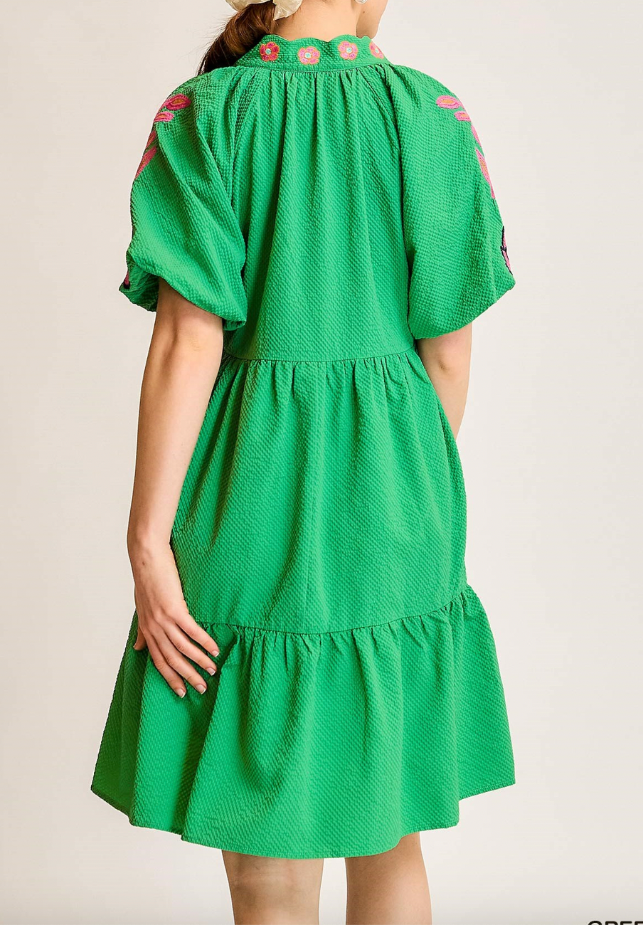 1508 Multi Embroidered Boho Green Dress