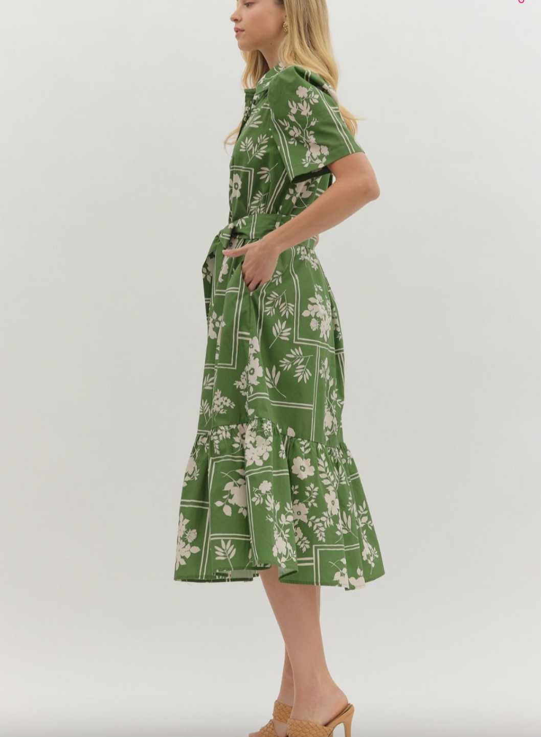 1670 Olive Button Down Floral Midi Dress