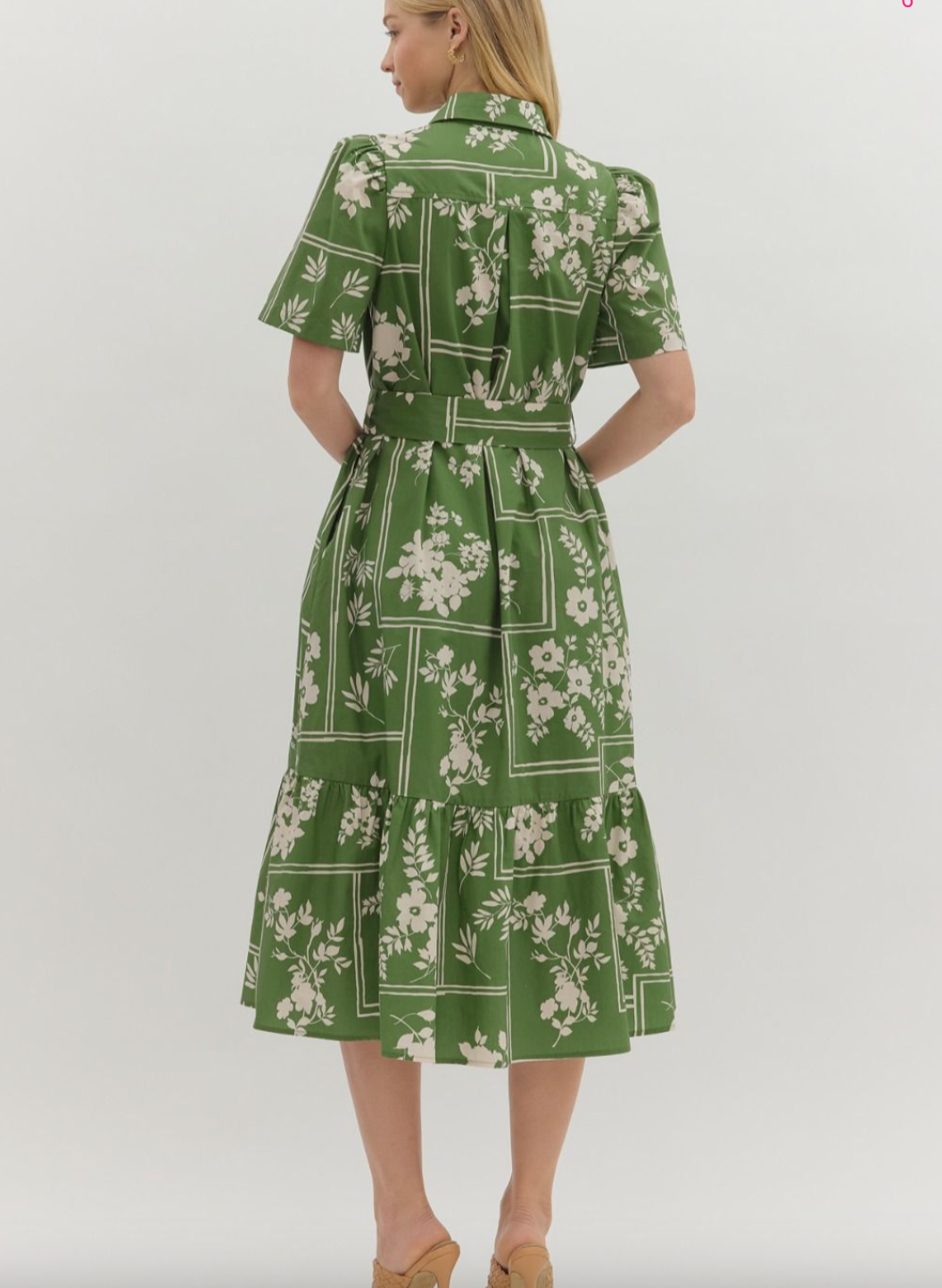 1670 Olive Button Down Floral Midi Dress