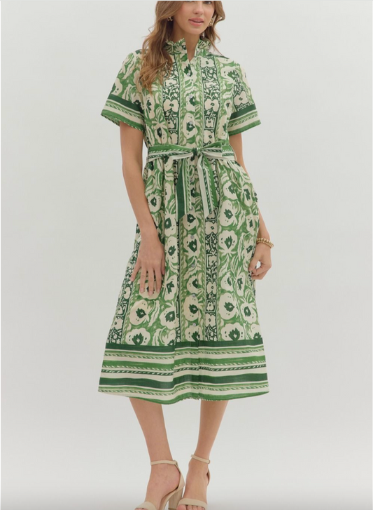 1683 Green Print Button Down Midi Dress