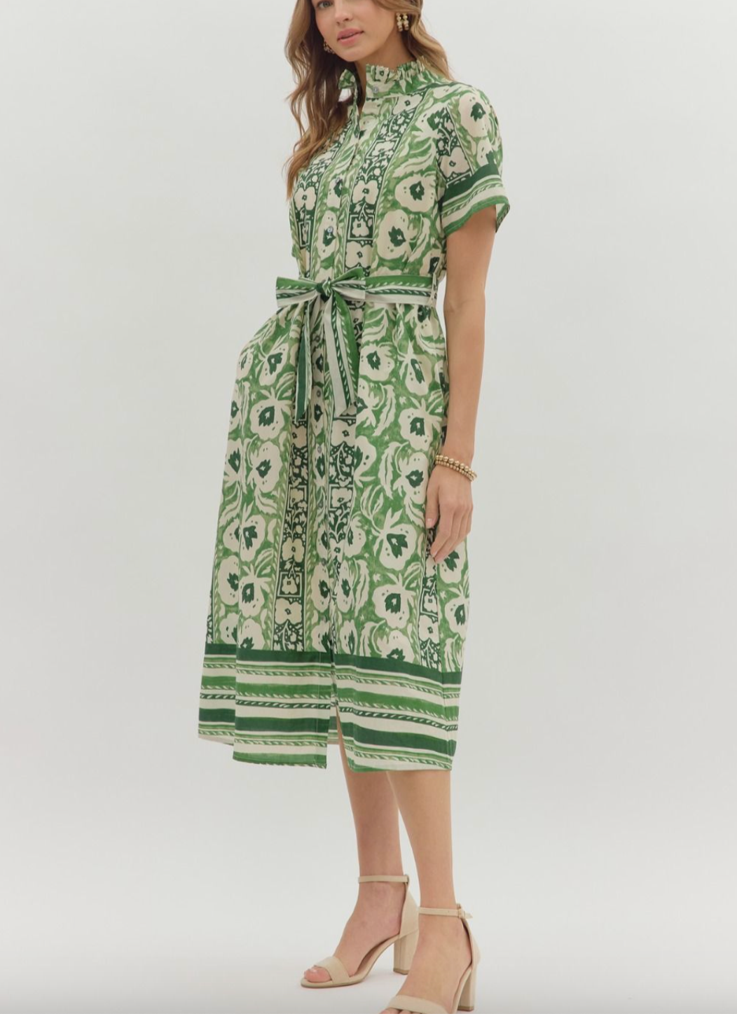 1683 Green Print Button Down Midi Dress