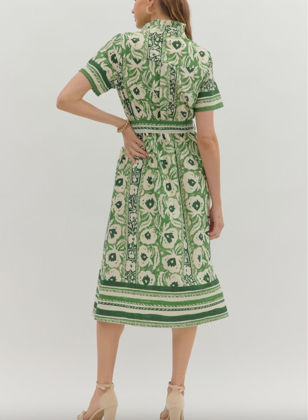 1683 Green Print Button Down Midi Dress