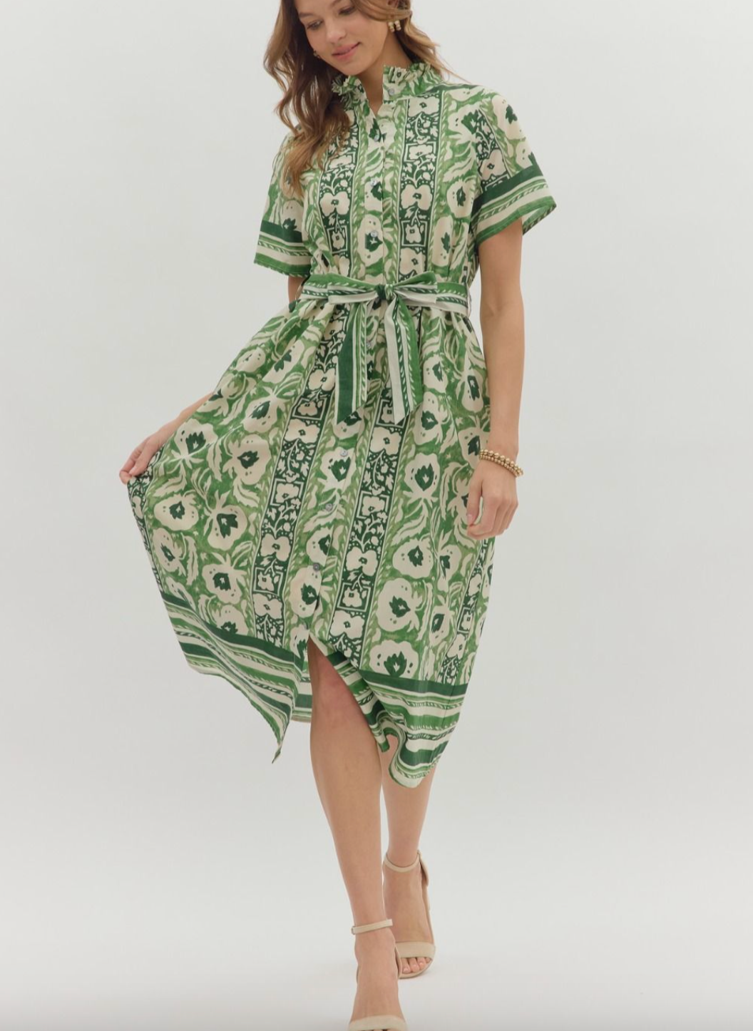 1683 Green Print Button Down Midi Dress