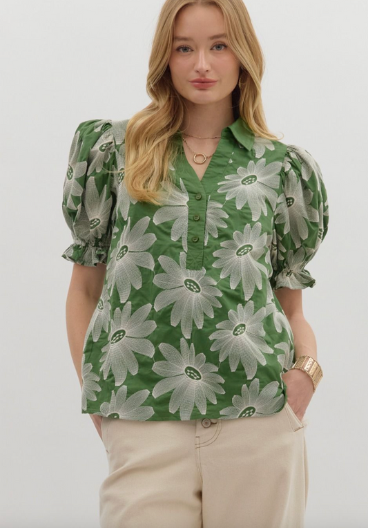 1696 Green Embroidered Collar Shirt