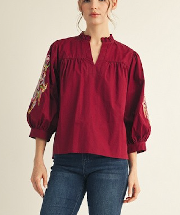 1730 Burgundy 3/4 Embroidered Sleeve Top