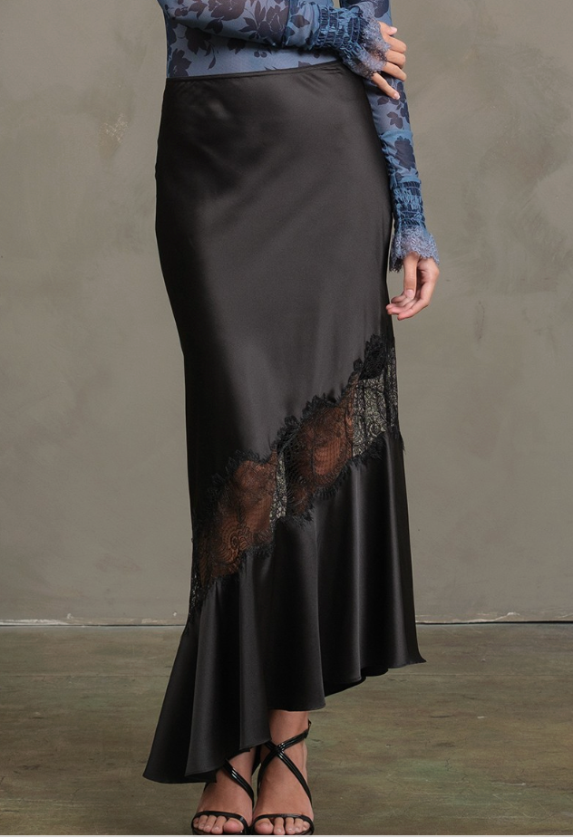 1865 Black Satin Lace Skirt