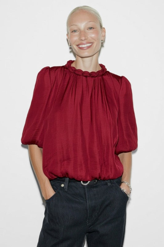 1761 Round Neck Draped 3/4 Sleeve Top