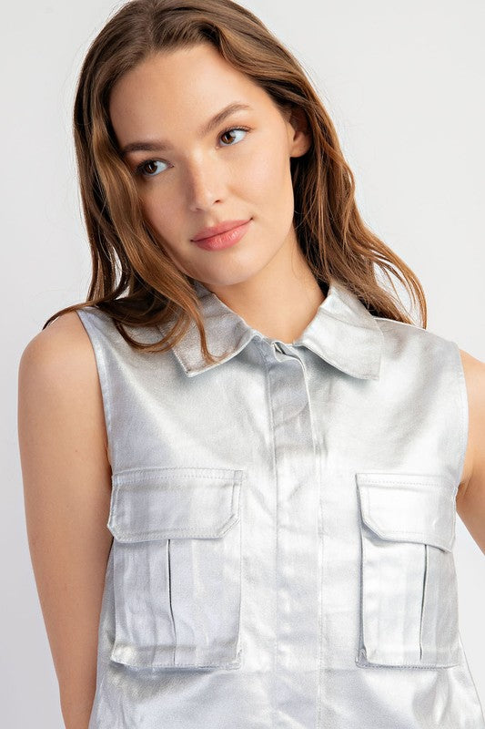 1076 Metallic Silver Sleeveless Crop Shirt