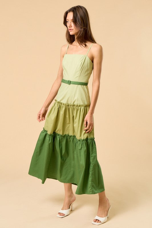 1559 Color Block Green Belted Midi Dress