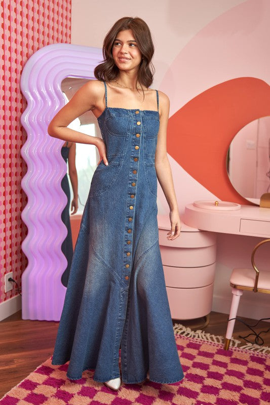 Strapless Button Down Denim Maxi Dress