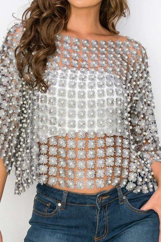 1744 Onesize Silver Pearls Crochet Top