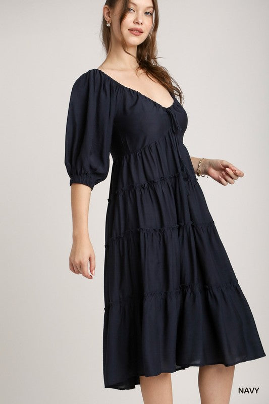 Tiered Puff Sleeve Midi Dress