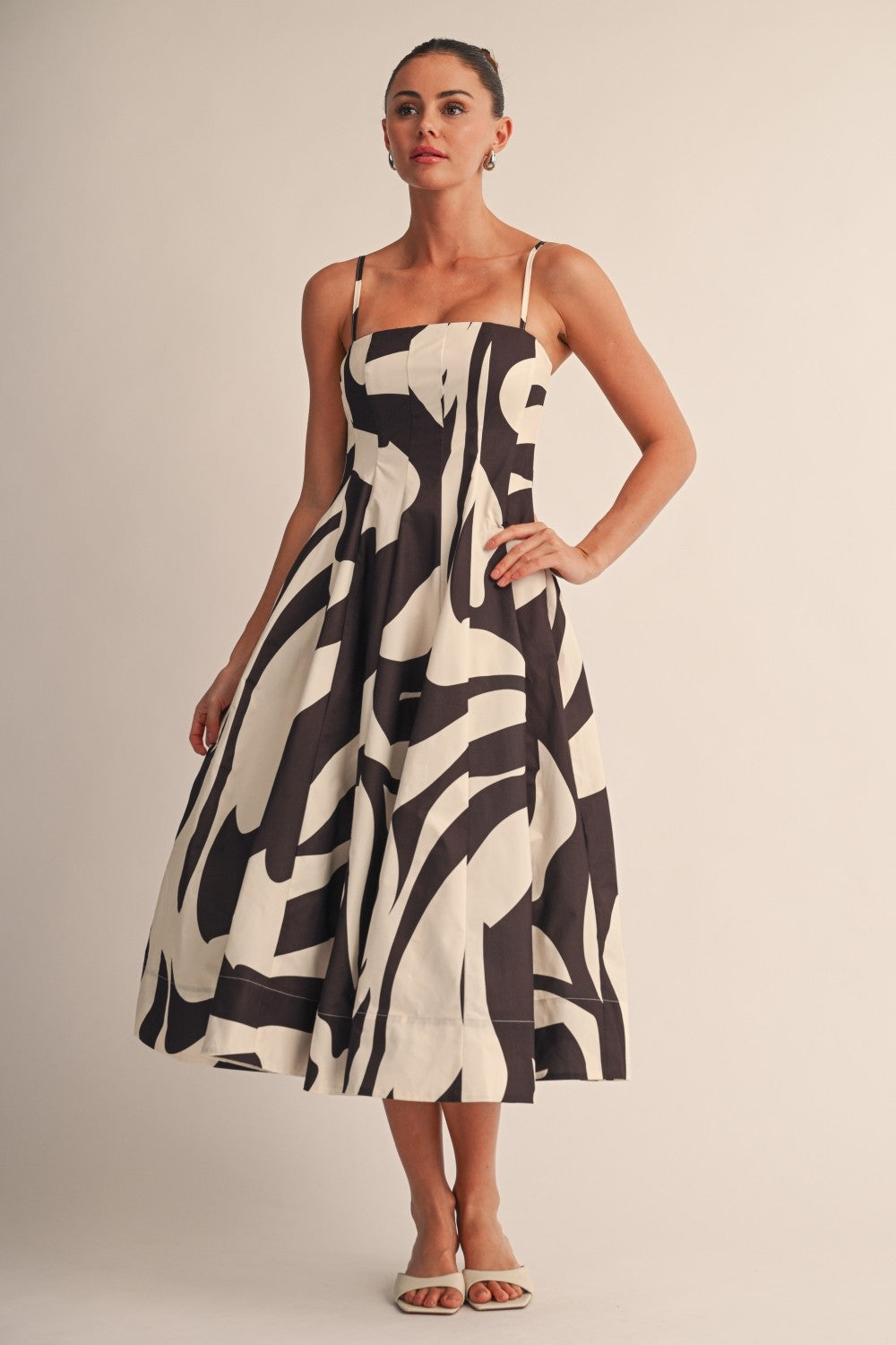 2650 Cream & Brown Print Midi Dress