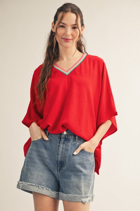 2153 Multi Color Trim V-Neck Top
